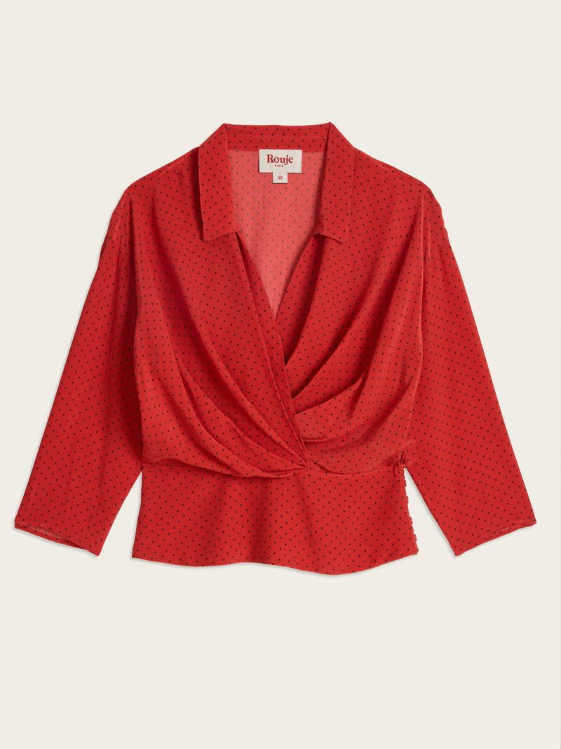 SILVIA red plumetis polka-dot crossover blouse, flat packshot by Rouje