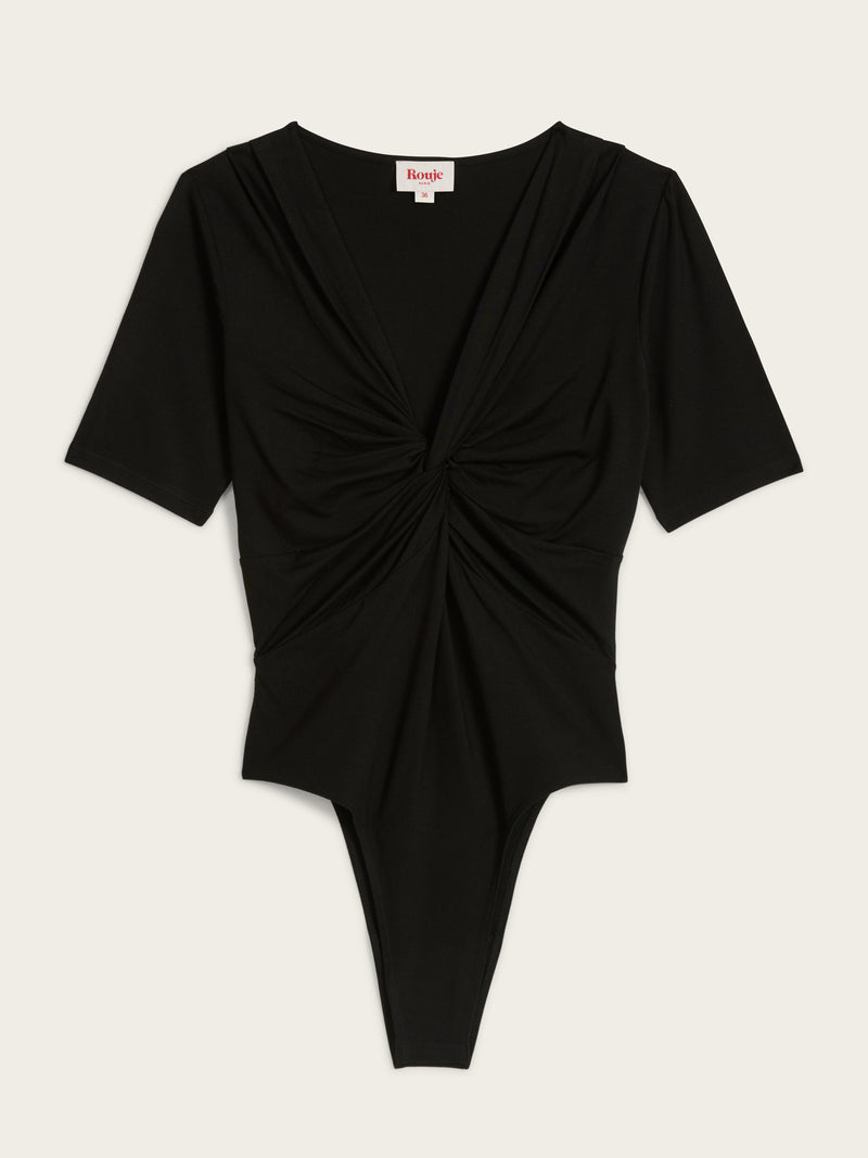 ANDERSON black draped tied stretch bodysuit, flat packshot by Rouje