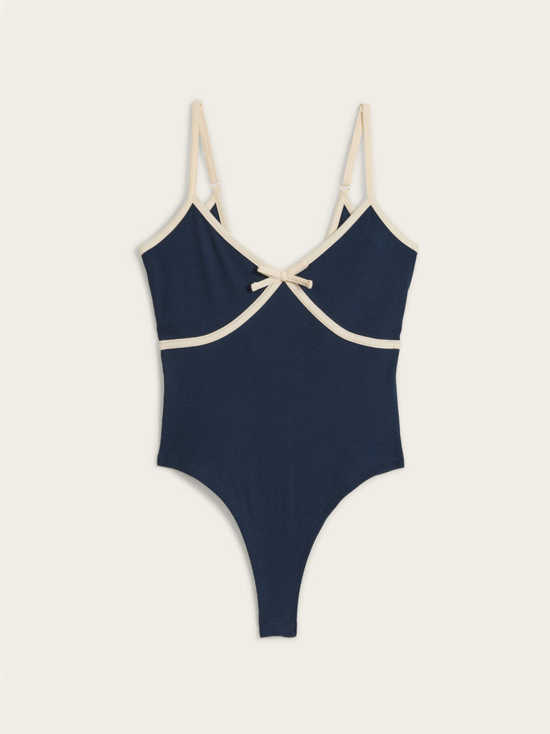 KARENEB navy blue stretch cotton V-neck bodysuit, flat packshot by Rouje