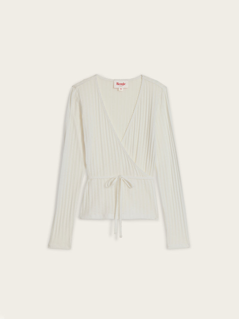 MAELYS white pointelle wrap-over cardigan, flat packshot by Rouje
