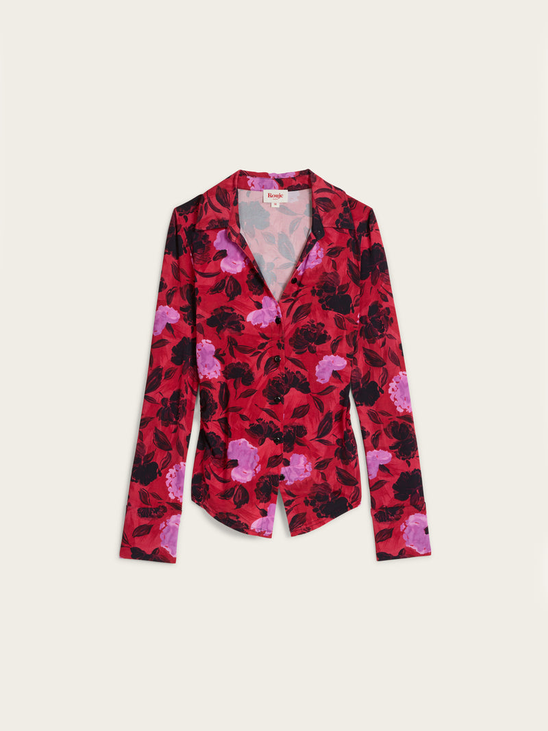 MAELA red Flamenco Carnation floral print jersey shirt, flat packshot by Rouje