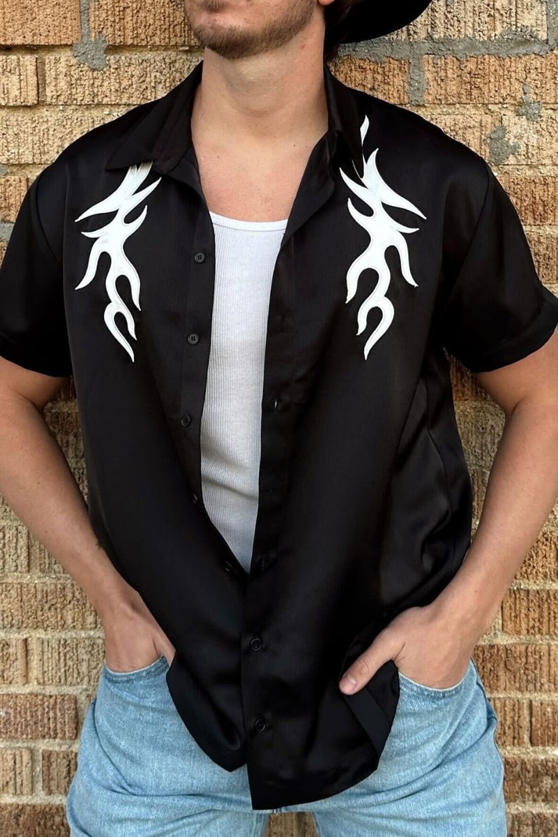 Danica Mens Black Button Up Top styled in a complete look from an alternate angle.