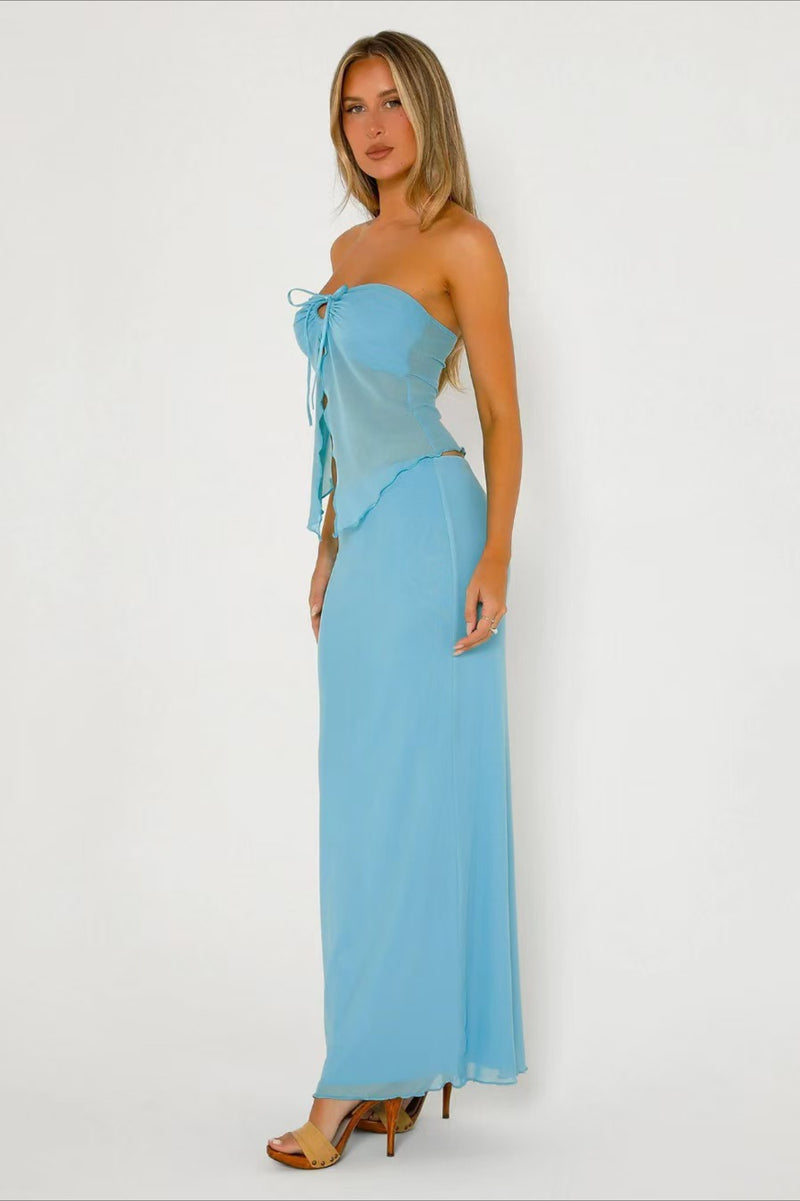 Double Layer Mesh Strapless Crop Bodycon Skirt Set