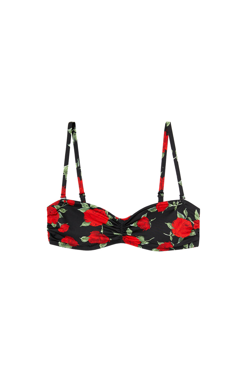 SADE red roses print bandeau bikini top, flat packshot by Rouje x Etam