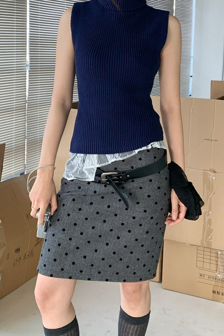 High Waist Flocked Polka Dot Bodycon Midi Skirt