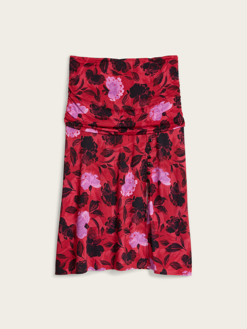 MAGGIE red Flamenco Carnation floral draped slit midi skirt, flat packshot by Rouje