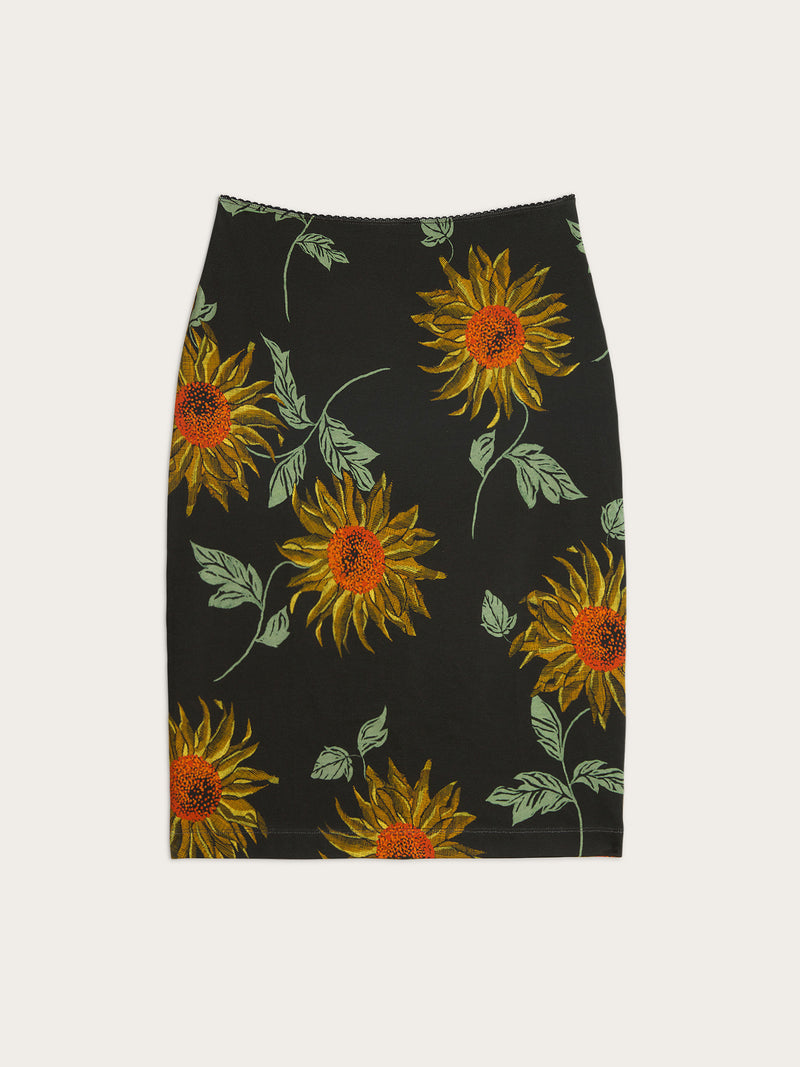 NINOU black Soleil de midi sunflower print cotton midi tube skirt, flat packshot by Rouje