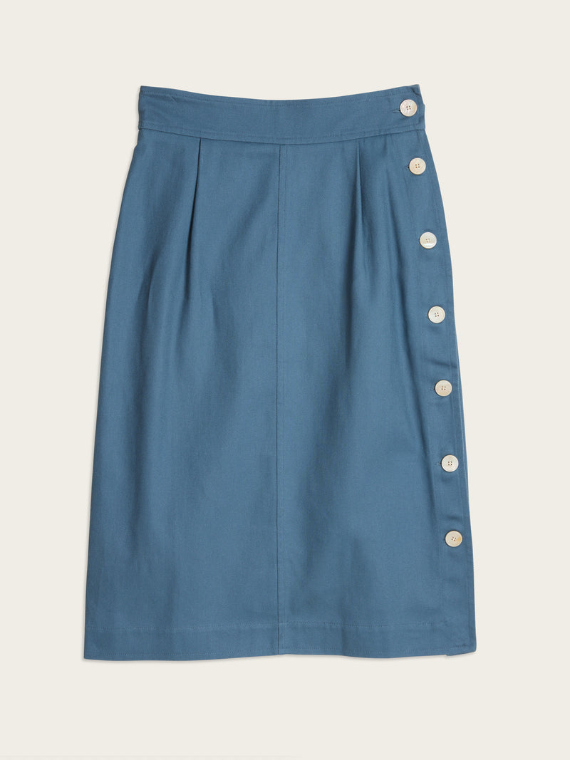 SHERYL denim blue straight buttoned midi skirt, flat packshot by Rouje