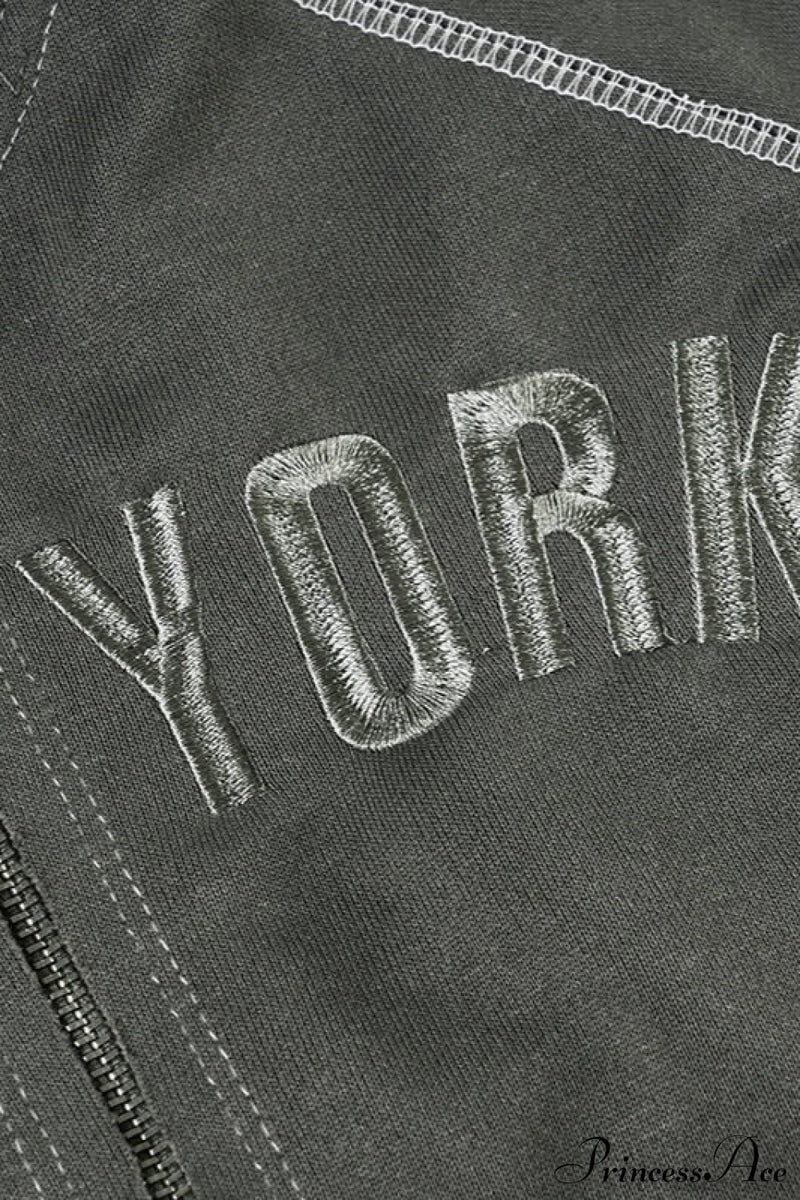 Letter Print Slim Paneled Stand Collar Hoodie