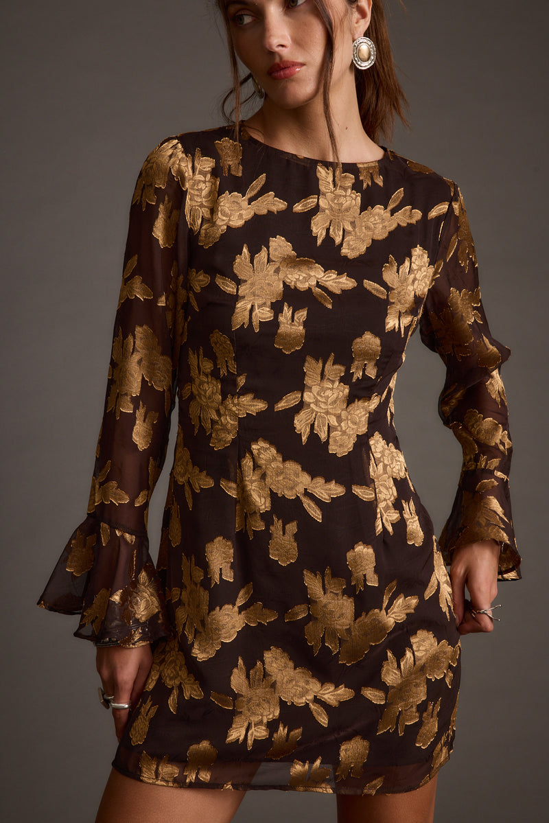 Additional view of the Marissa Gold and Black Floral Mini Dress from a different perspective.