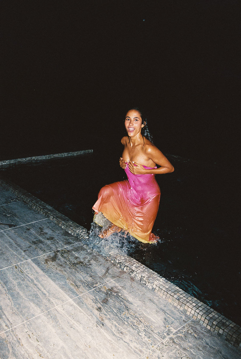 Additional view of the Natalia Pink Sorbet Strapless Maxi Dress from a different perspective.