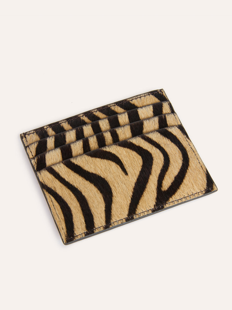 ESPRESSO zebra pony leather cardholder, front view by Rouje