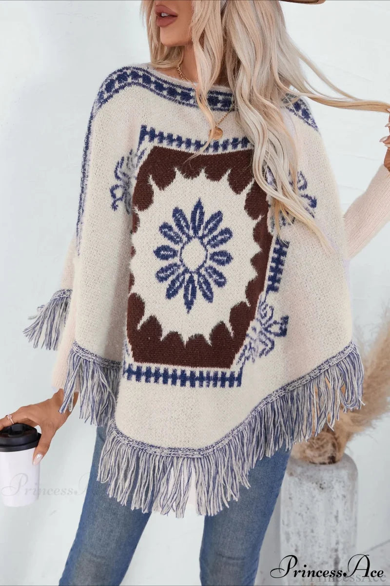 Pullover Knit Ethnic Long Sleeve Blouse Apricot / One Size