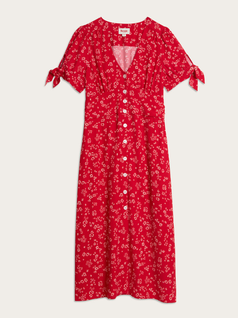 LAURA Dress product photo, red floral short-sleeve midi dress by Rouje