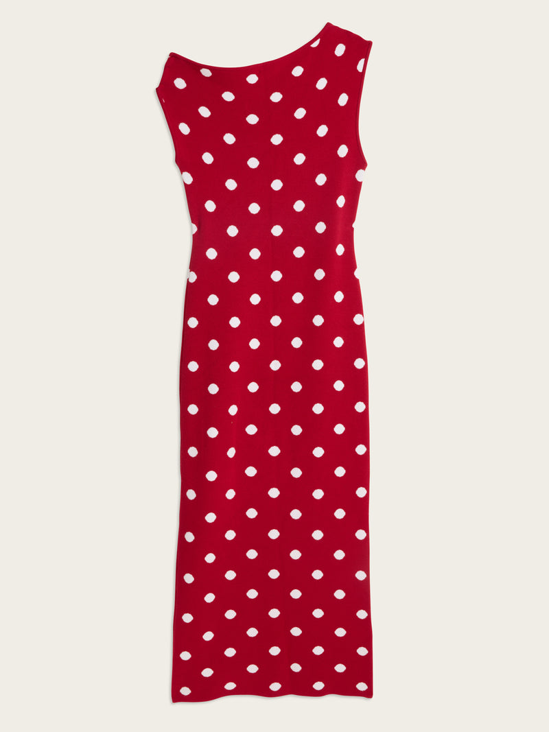 MANU red and white polka dot long fitted knit dress, flat packshot by Rouje