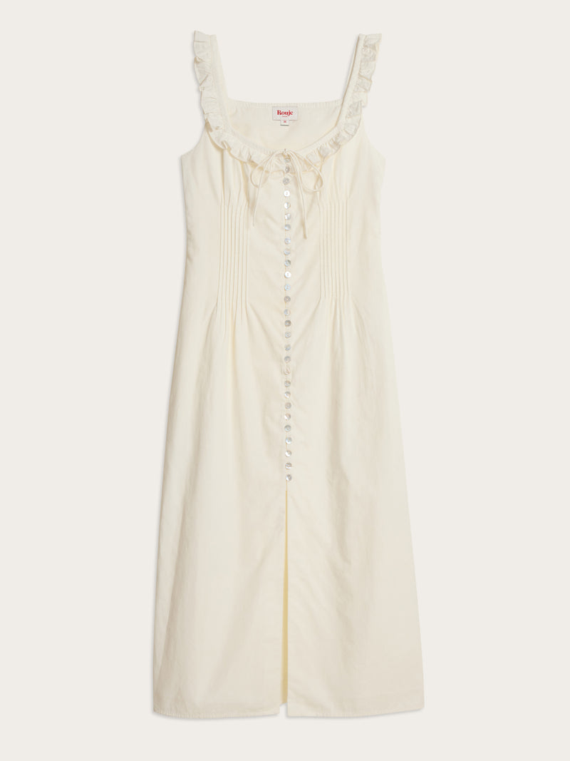 MONIQUE white cotton poplin corset style midi dress, flat packshot by Rouje