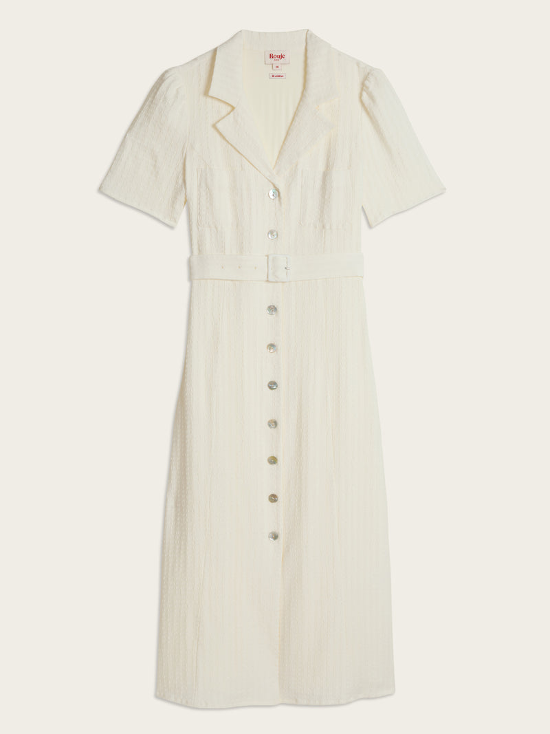 RAELLA white cotton seersucker belted midi dress, flat packshot by Rouje