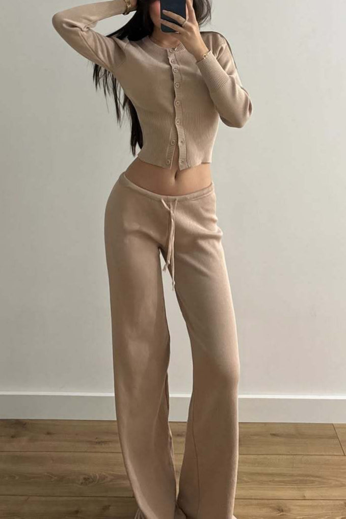 Sexy Fitted Buttoned Long-Sleeve Low-Rise Knit Two Piece Set