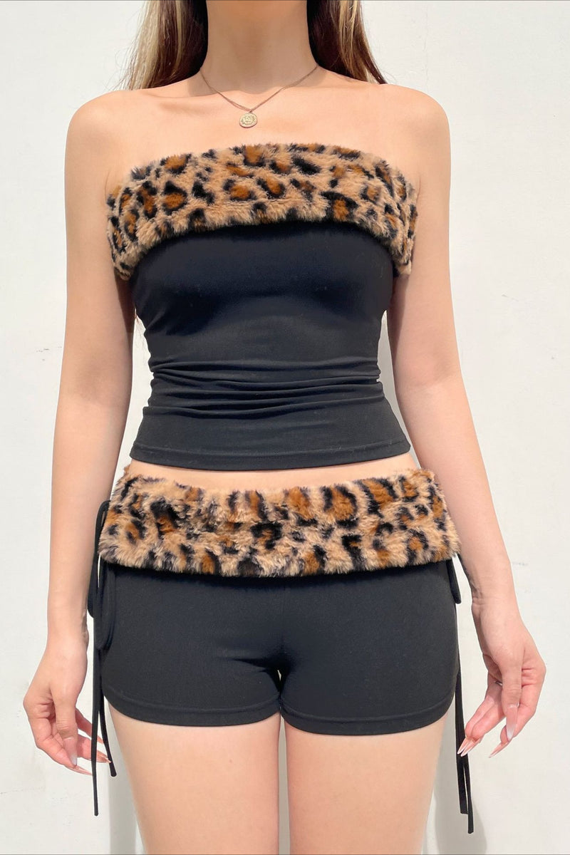 Sexy Leopard Fleece Tube Tank Drawstring Two Piece Set
