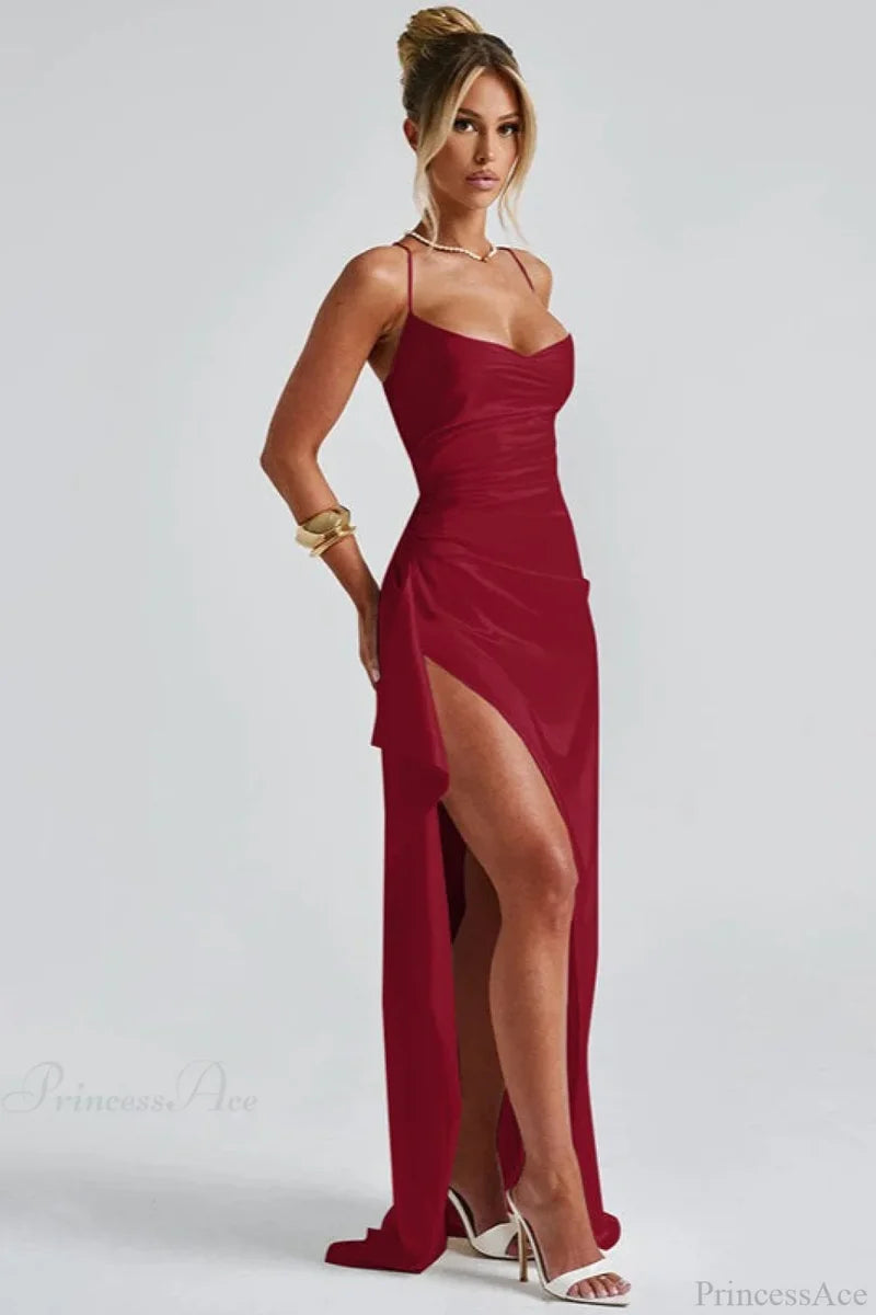 Sexy Solid Spaghetti Strap Back Tie Slit Wedding Dress Burgundy / S