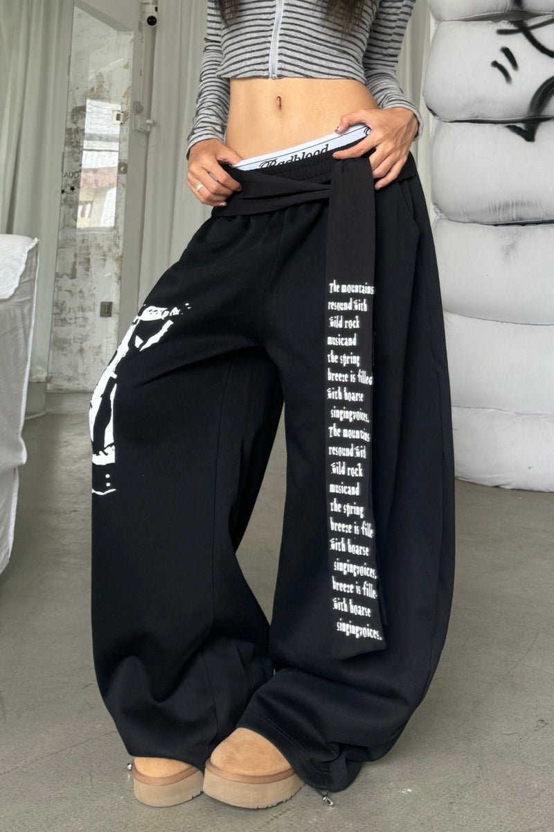Street Style Graphic Letter Ribbon Curved Sweat Pants