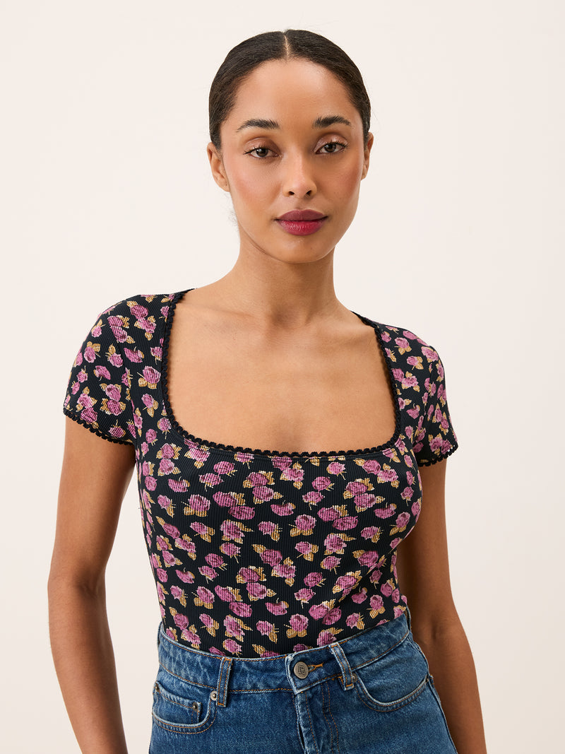 SIAM black Parisian Beauty floral square-neck T-shirt, flat packshot by Rouje