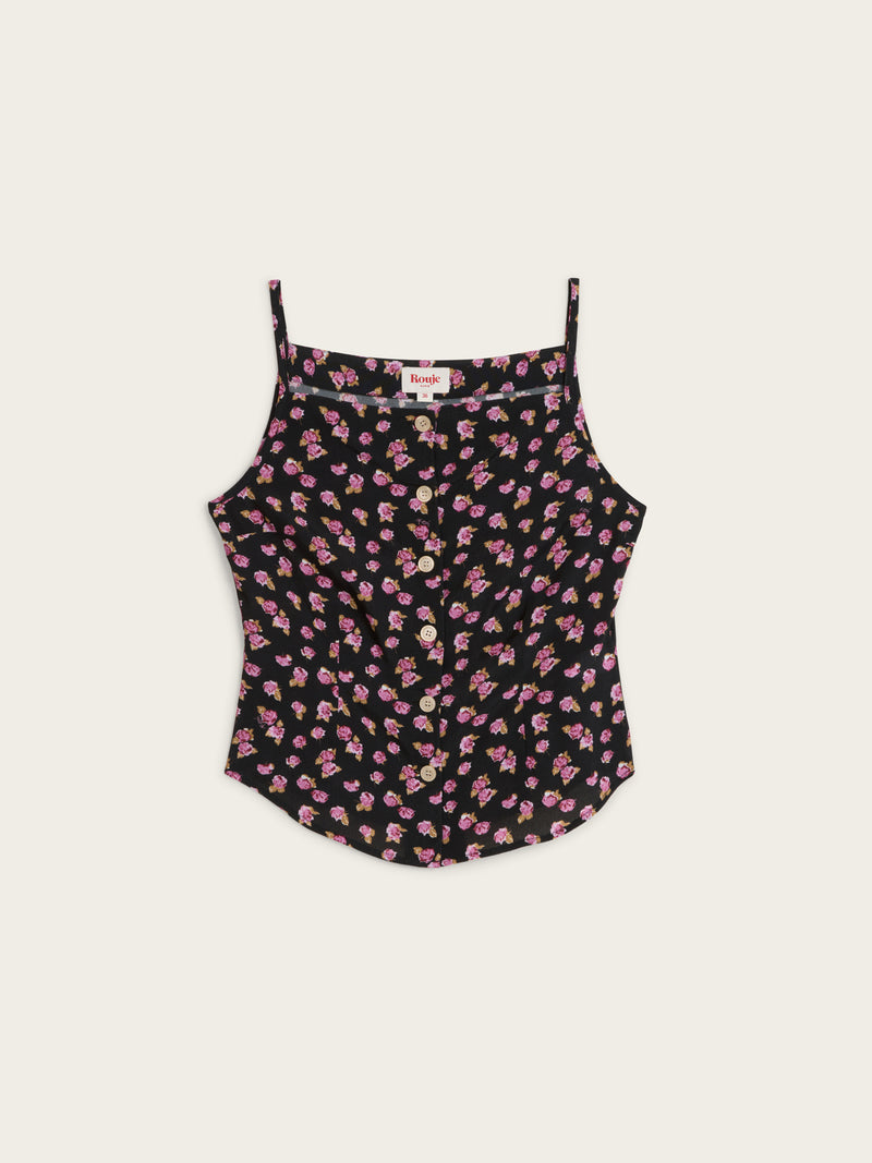 AIME black Parisian Beauty floral print strappy top, flat packshot by Rouje