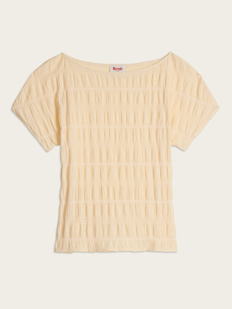 DEAN ecru smocked lace-up short-sleeve top, flat packshot by Rouje