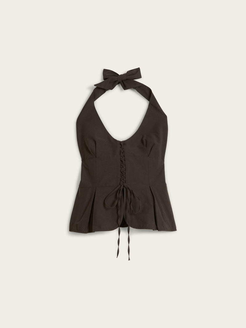 JUDITH brown open-back plunging top, flat packshot by Rouje