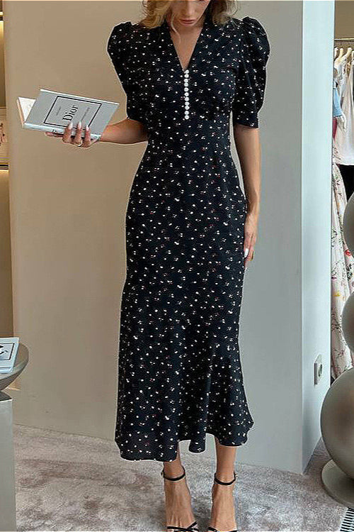 V Neck Ruffled High Waist Short Sleeve Floral Dress