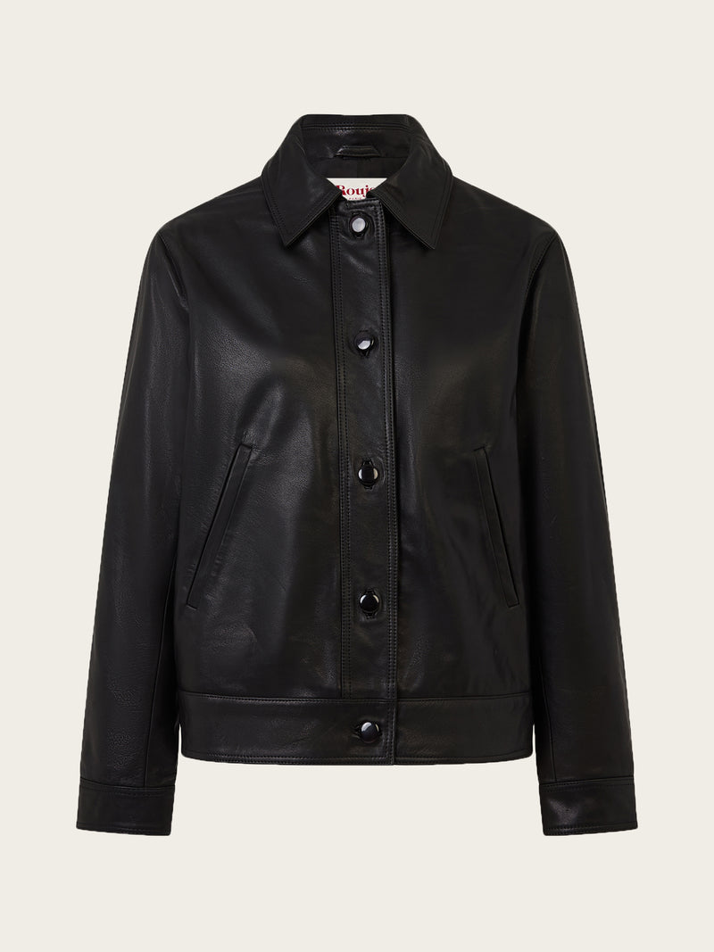 STAN cachou leather straight jacket, flat packshot by Rouje
