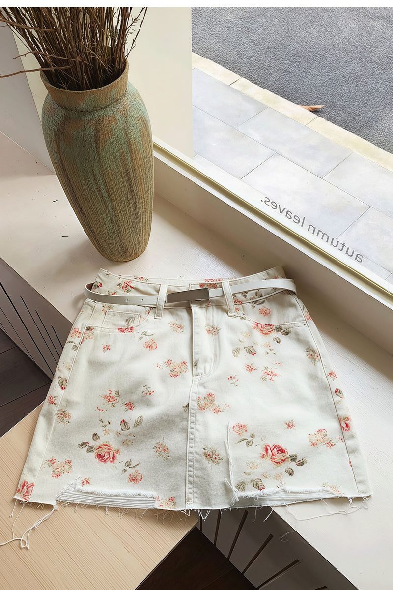 Vintage Floral Denim High Waist Bodycon Mini Skirt