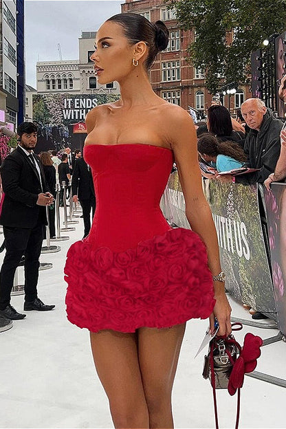 3D Floral Texture Elegant Strapless Mini Dress