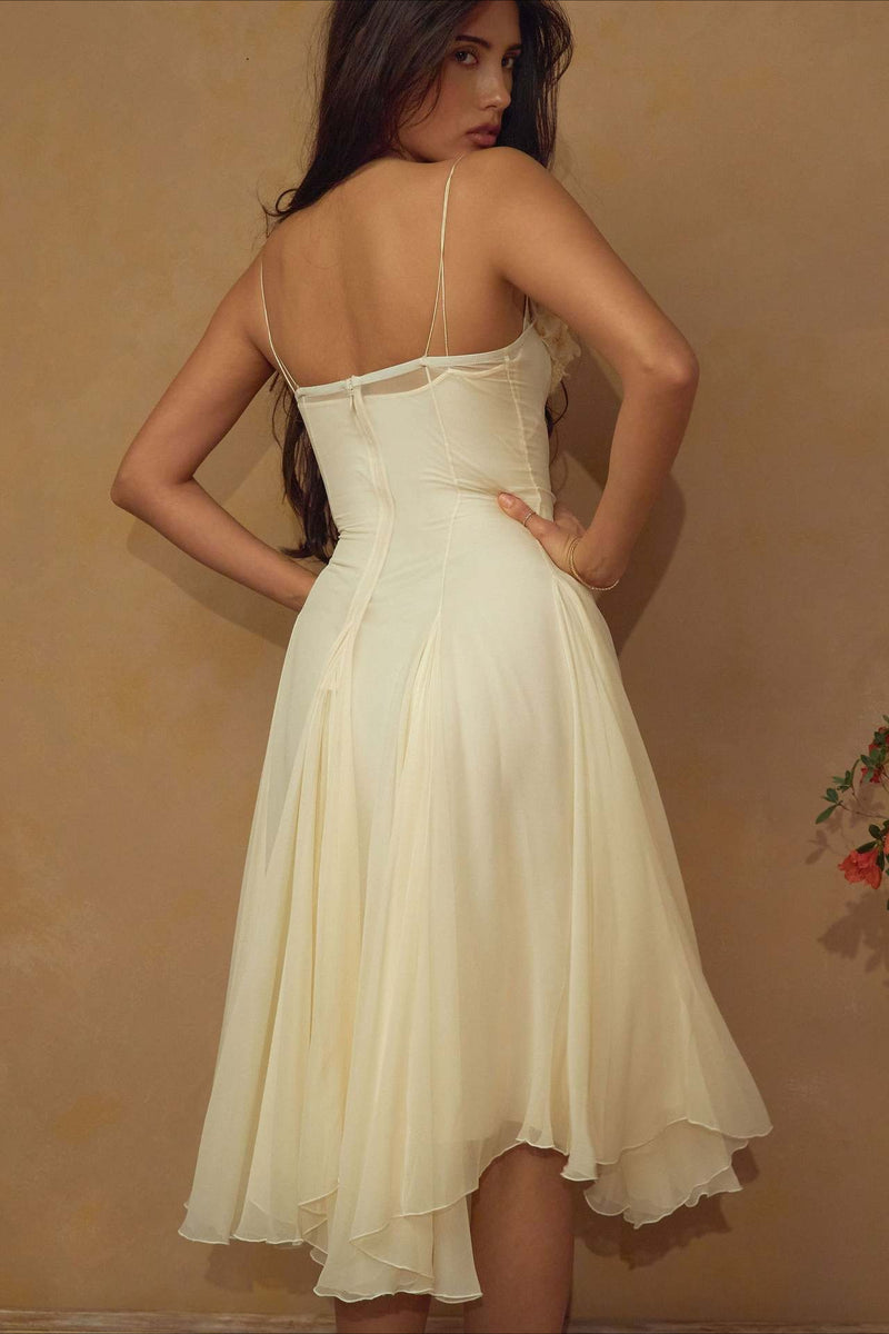 3D Flower Deep V Patchwork Spaghetti Strap Romantic Midi Dress