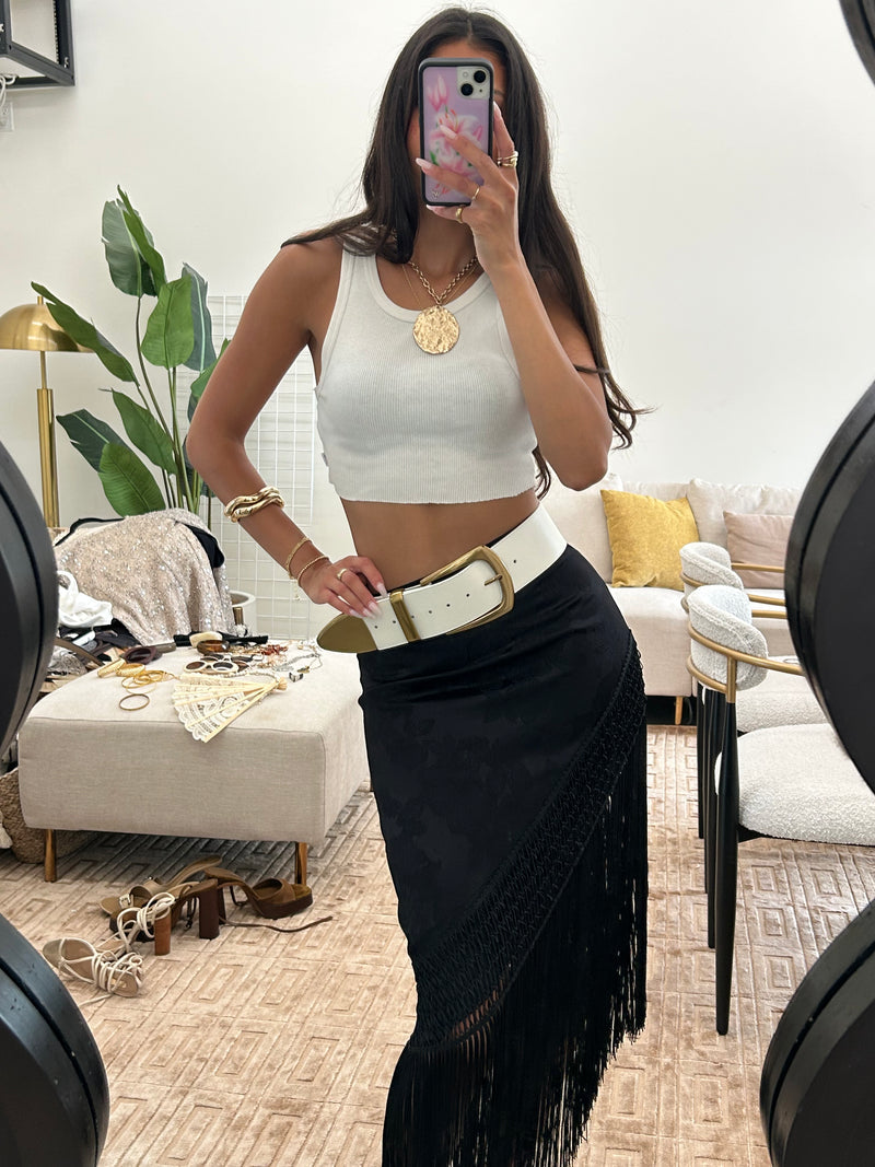 Jasper White And Gold Statement Belt shown as part of a styled outfit ensemble.