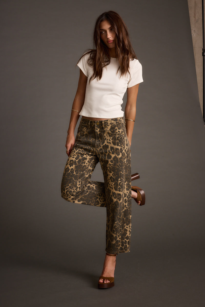 Muse Leopard Barrel Jeans shown in a complementary styling arrangement.