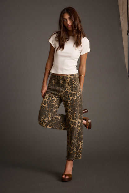 Muse Leopard Barrel Jeans shown in a complementary styling arrangement.