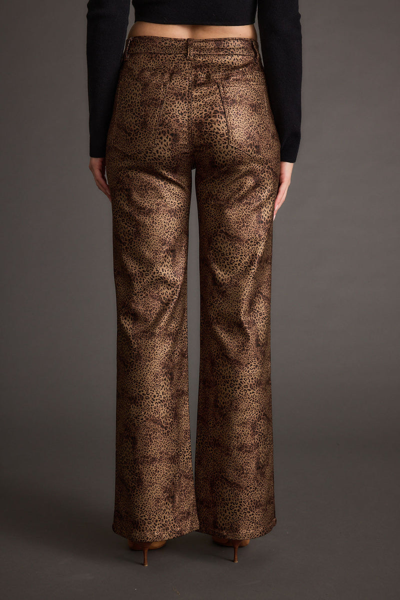 Back view of the leopard print pants showing the silhouette and fit.