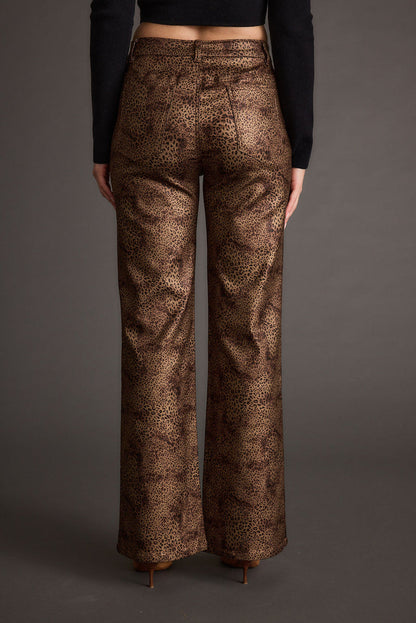 Back view of the leopard print pants showing the silhouette and fit.