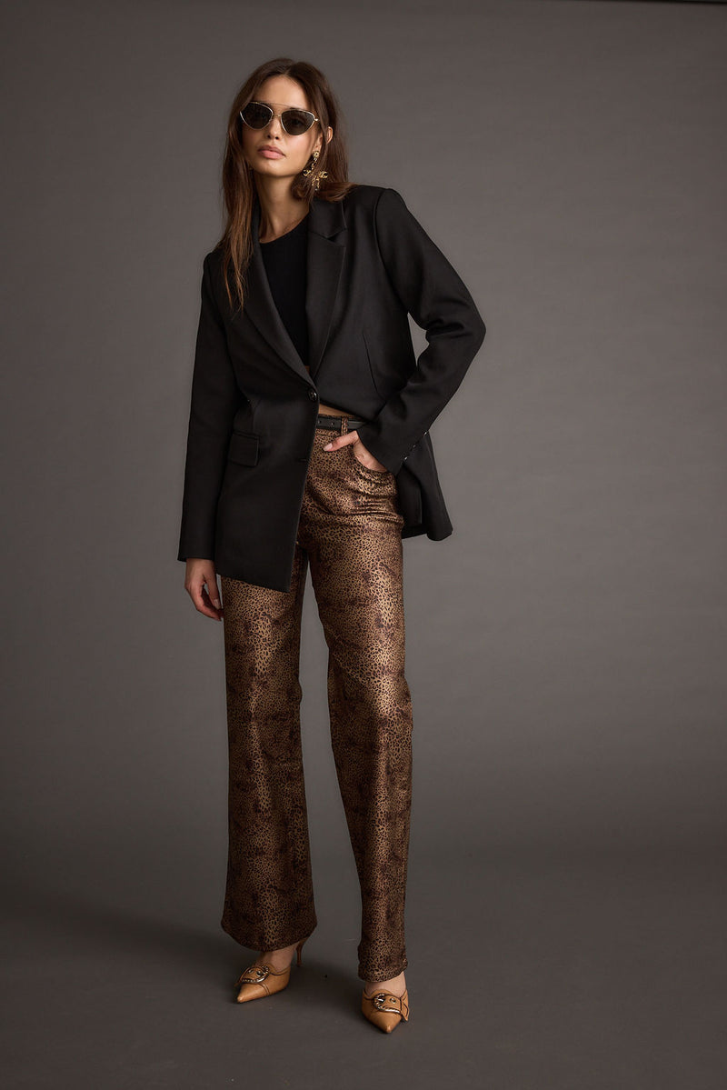 After Hours Coated Leopard Pants styled in a complete look from an alternate angle.