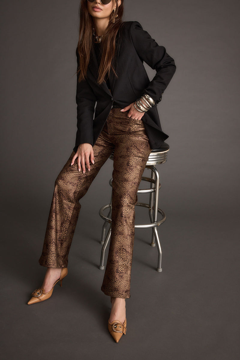 Detail shot of the After Hours Coated Leopard Pants highlighting the design elements.