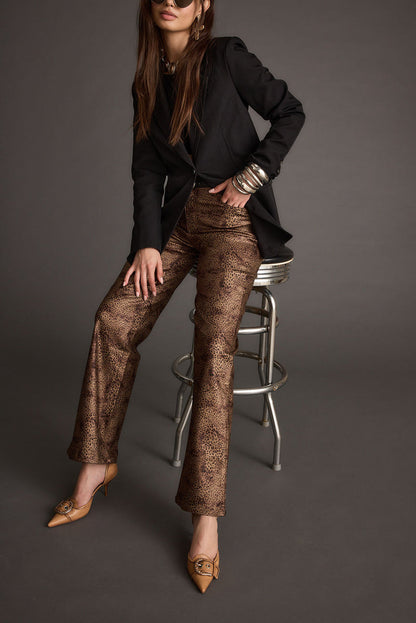 Detail shot of the After Hours Coated Leopard Pants highlighting the design elements.
