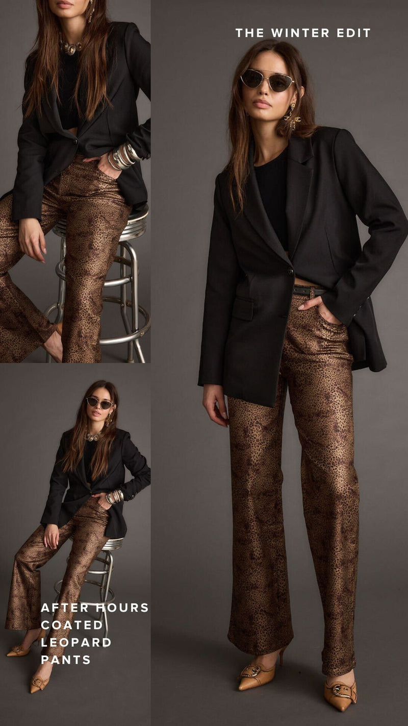 Additional view of the After Hours Coated Leopard Pants from a different perspective.