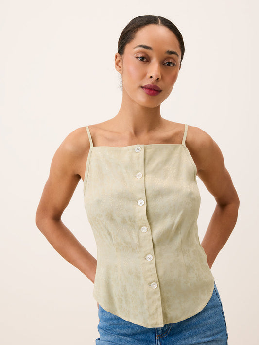 AIME beige strappy fitted buttoned top, front view by Rouje