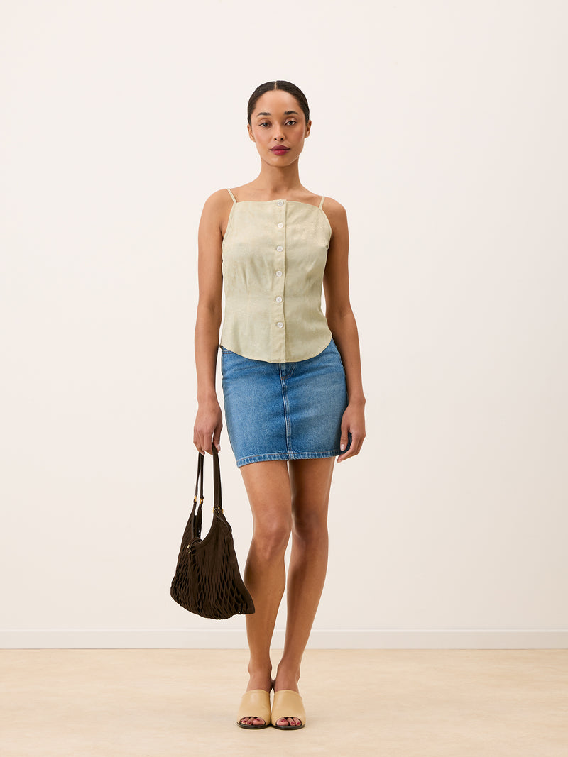AIME beige strappy top worn on a model by Rouje