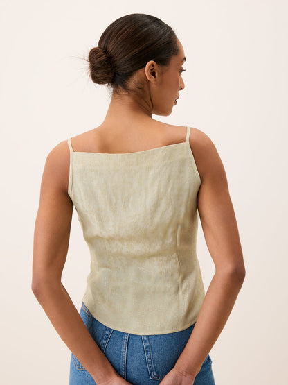 AIME beige strappy fitted buttoned top, back view by Rouje