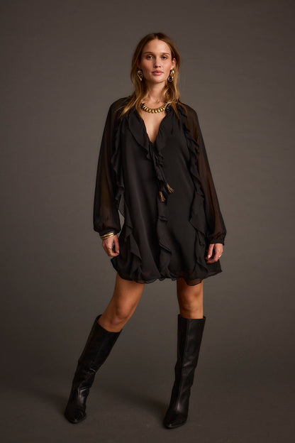 Close-up of the Alice Black Chiffon Mini Dress showcasing the chiffon texture and craftsmanship.