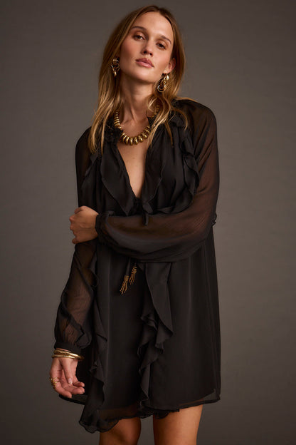 Alice Black Chiffon Mini Dress styled in a complete look from an alternate angle.