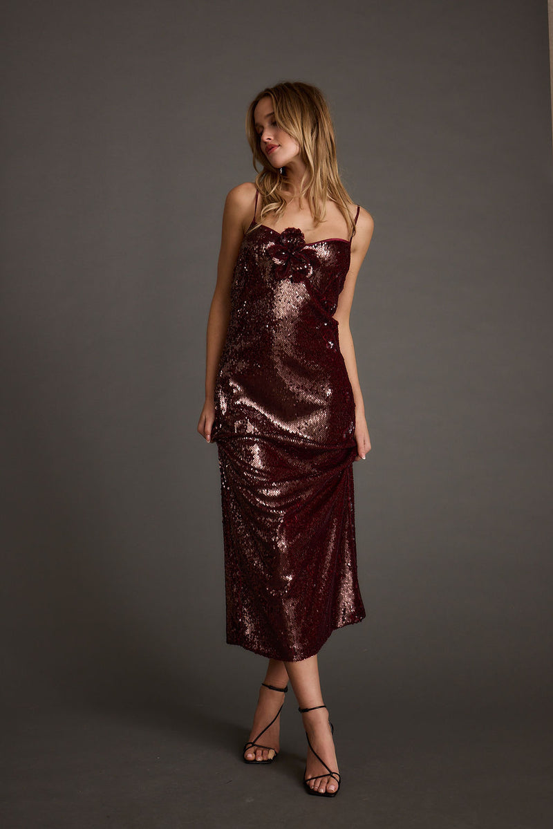 All For You Merlot Sequin Rosette Midi Dress styled in a complete look from an alternate angle.