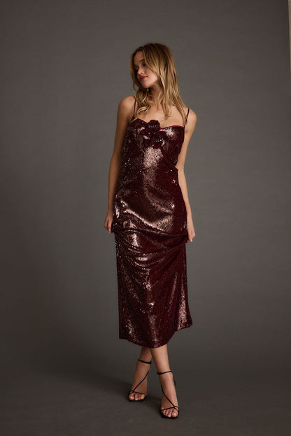 All For You Merlot Sequin Rosette Midi Dress styled in a complete look from an alternate angle.
